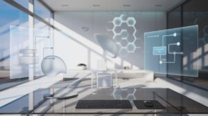 Minimalist workspace with floating holographic panels, glass desk, AI elements, sunlit room.