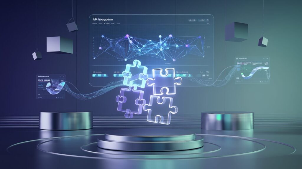 Minimalist workspace with holographic interface, glowing nodes, 3D puzzle pieces symbolizing integration.