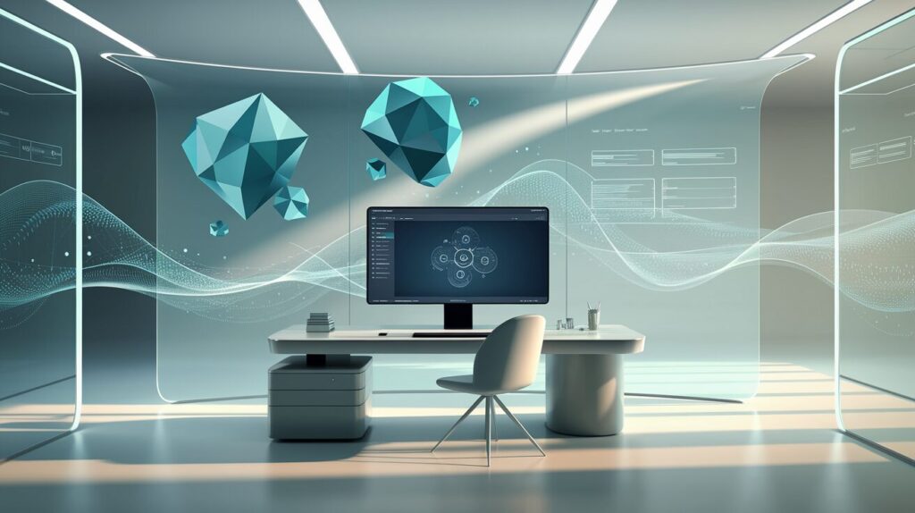 Modern office with floating AI interfaces, curved monitor, and data visualizations.