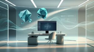 Modern office with floating AI interfaces, curved monitor, and data visualizations.