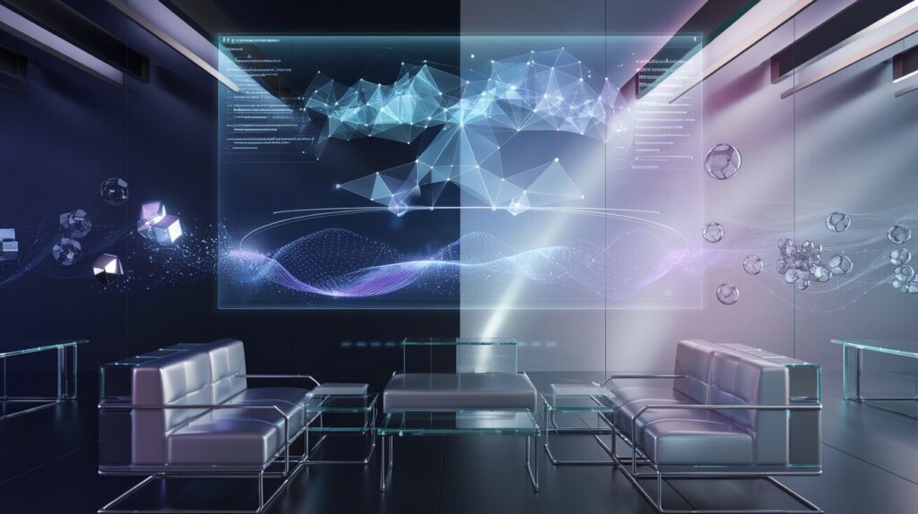 Modern office with holographic interface displaying AI patterns and ambient lighting.
