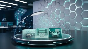 Modern office with holographic interface displaying professional settings and cybersecurity elements.
