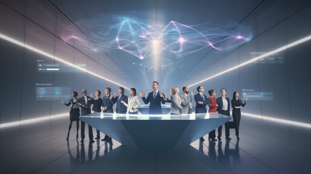 Modern office with professionals engaging with a blue-purple holographic interface.