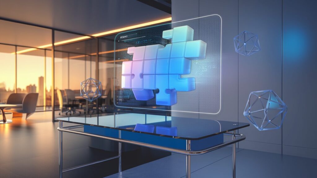 Modern workspace with a holographic interface displaying blue modular blocks, glass desk, city view.