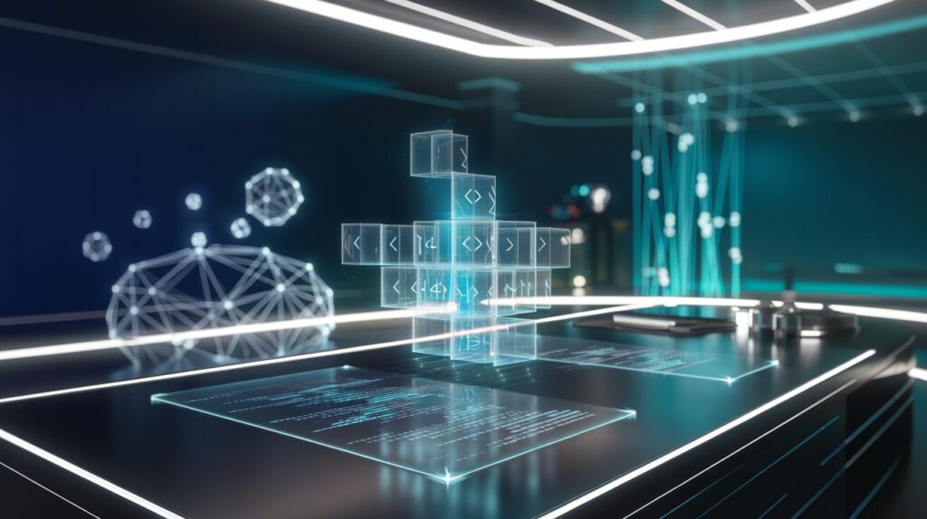 Modern workspace with floating holographic interface, AI nodes, and tech-inspired lighting.