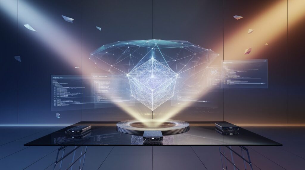 Modern workspace with glass desk, holographic interface, glowing 3D cube, and floating screens.