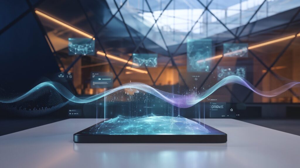 Modern workspace with holographic display, glowing nodes, and floating data screens.