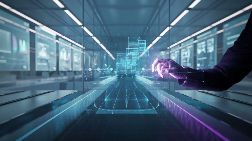 Modern workspace with holographic interface, hand building 3D structures, sleek tech aesthetic
