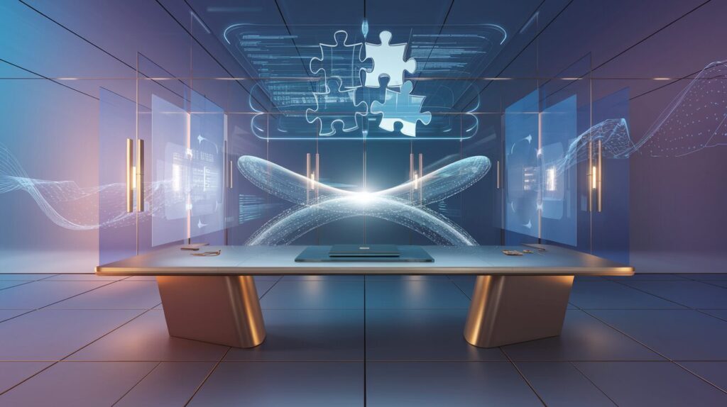 Modern workspace with holographic puzzle display, ethereal bridge, and ambient blue-purple lighting.