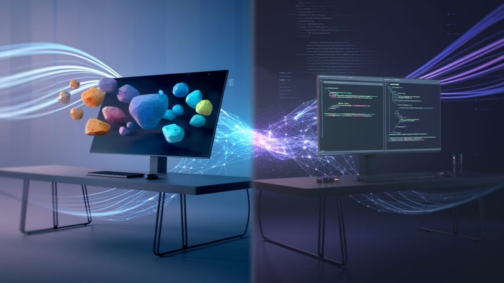 Split-screen of no-code and low-code desks, linked by glowing digital streams.