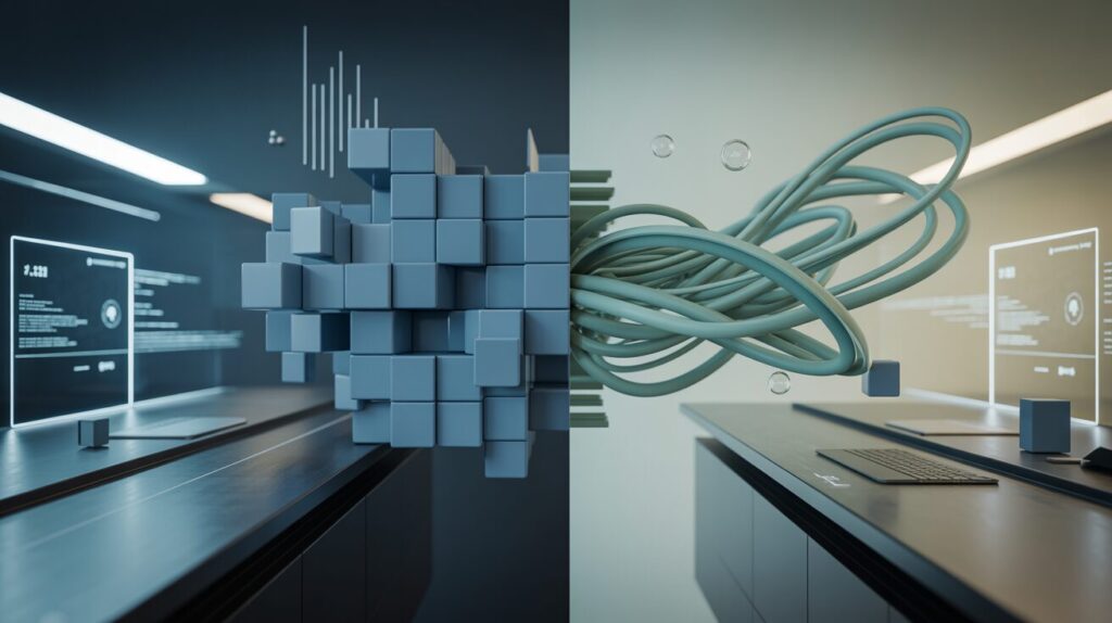Futuristic workspace with block-based and flow-based designs in blue tones.