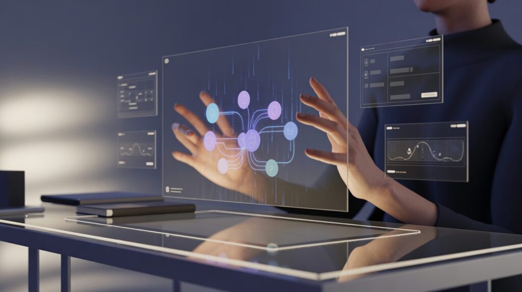 Holographic display above glass desk with hands gesturing, glowing nodes, and UI screens.