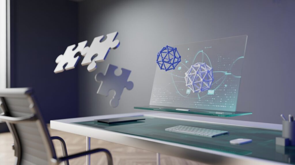 Holographic interface on a glass desk with geometric nodes, blue tones, and puzzle pieces.