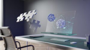 Holographic interface on a glass desk with geometric nodes, blue tones, and puzzle pieces.