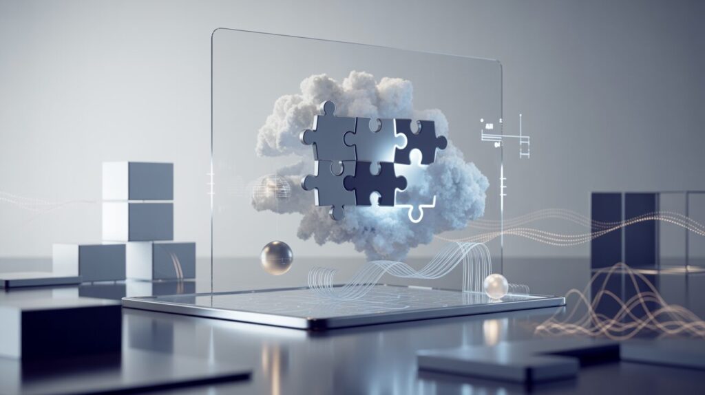 Holographic interface with puzzle pieces forming a circuit board in a sleek workspace.