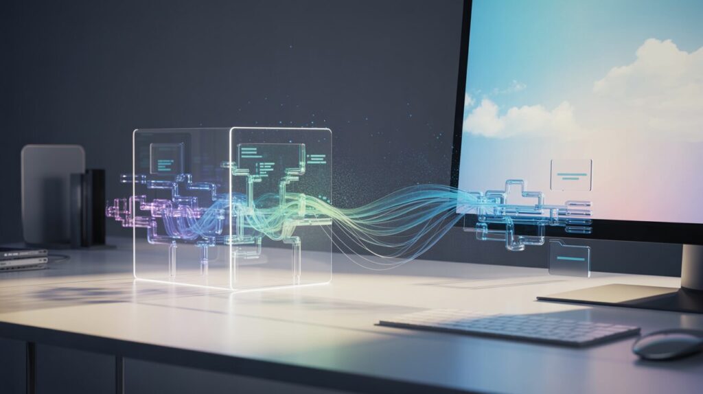 Holographic workflow diagram over a minimalist desk in a high-tech workspace.