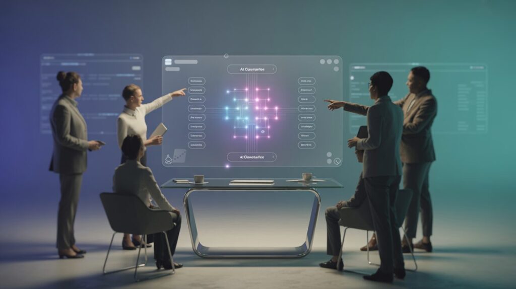 Minimalist workspace with holographic AI governance canvas and diverse team collaboration.