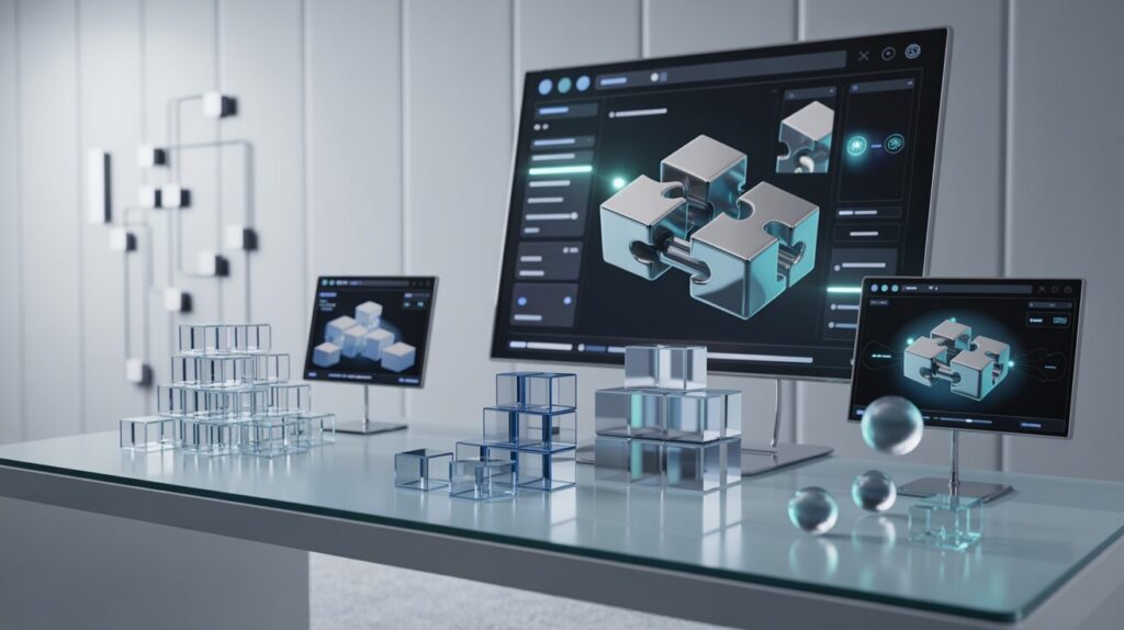 Minimalist workspace with holographic interfaces on a glass desk, showing AI components and modular elements in a blue, white palette.