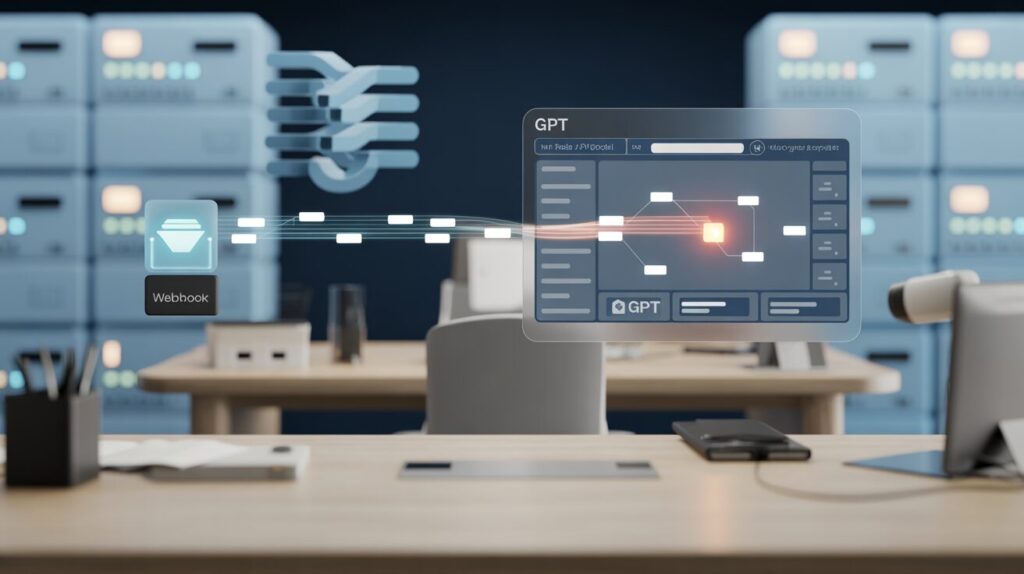 Modern office with holographic data stream in API portal, sleek tech elements.
