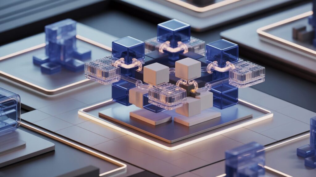 Modern workspace with holographic interface, blue geometric components, and ambient lighting.