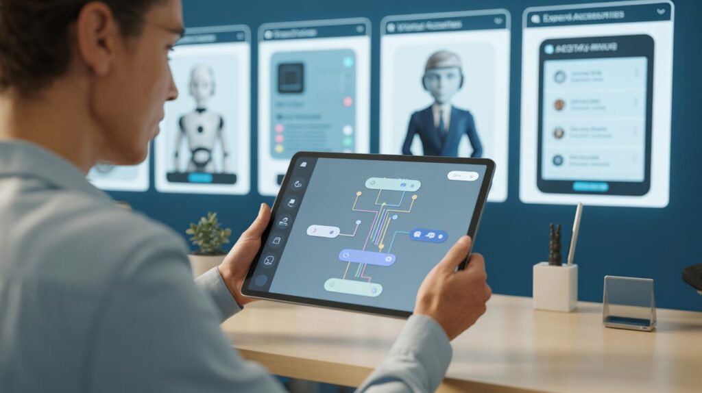 Modern workspace with tablet showing AI chatbot design, wall screens, sleek decor.