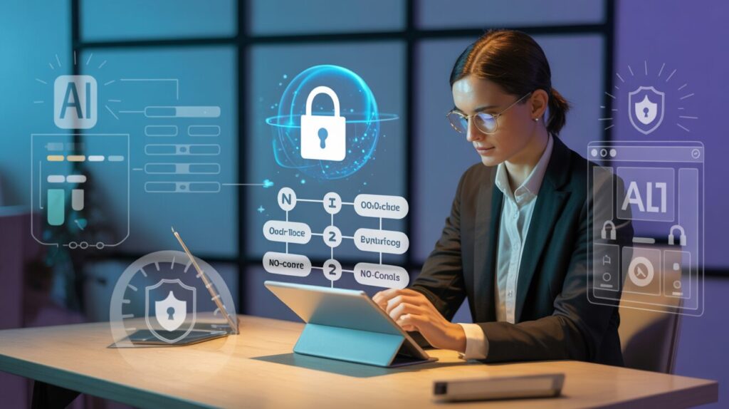 Professional using tablet with OAuth flow, holographic lock, and AI templates in modern tech office.