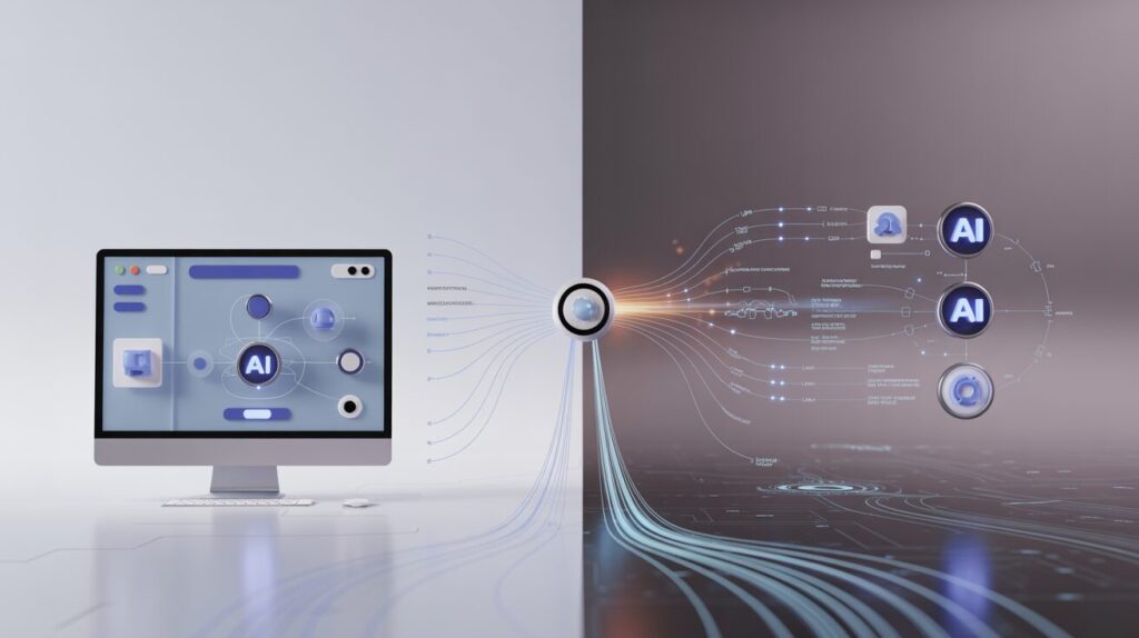 Split-screen of AI integration with automation platforms; workspace, flowchart, tech hues.