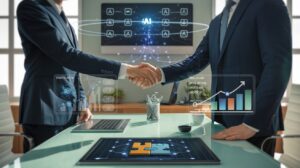 Business professionals handshake over glass desk with holographic revenue graphs.