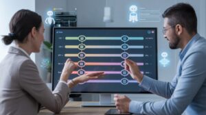 Business professionals optimize AI data pipelines on a touchscreen with colorful nodes.