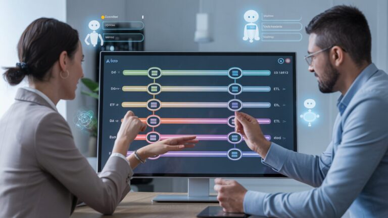 Business professionals optimize AI data pipelines on a touchscreen with colorful nodes.