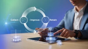 Circular growth loop diagram with Collect-Improve-Retain stages, person using tablet with AI workflow.