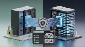 Digital landscape showing AI encryption: secure server room and encrypted data flow with central shield icon.