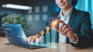 Entrepreneur in modern workspace interacts with holographic display showing AI app and revenue trends.