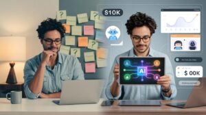 Entrepreneur's journey: from desk with ideas to advanced AI workspace, split-screen.