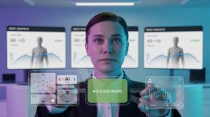 Futuristic control room with holographic dashboards, businessperson focused on AI metrics.