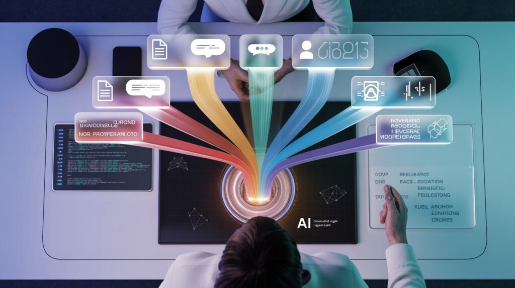 Futuristic workspace with holographic data streams and AI interface, hand gesturing controls.