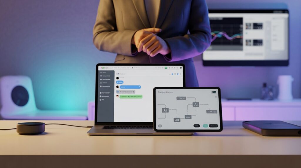 Hands over a desk with a laptop showing Slack and a tablet with AI builder, blue-purple lighting.