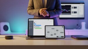 Hands over a desk with a laptop showing Slack and a tablet with AI builder, blue-purple lighting.
