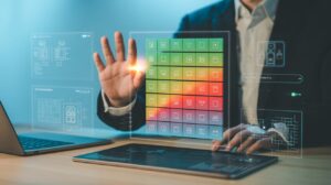 Holographic risk matrix over tech desk, hand gesture control, AI icons, digital tablet interface.