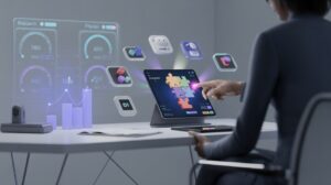 Modern desk with tablet showing no-code AI interface, holographic graphs, AI icons, cool lighting.