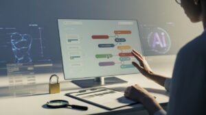 Modern workspace with touchscreen flowchart, audit log, security padlock, and AI holograms.