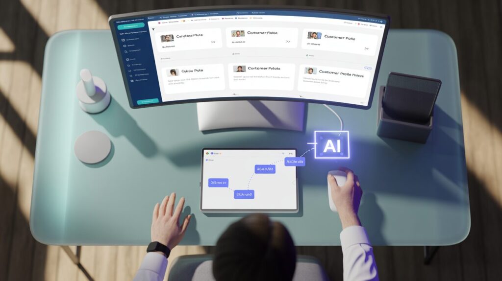 Overhead view of a glass desk with a curved monitor displaying CRM workflows, a tablet, and hands using a mouse in a tech-forward workspace.