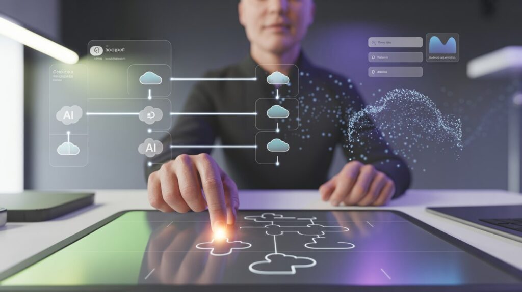 Person arranging glowing cloud puzzle pieces on touchscreen with AI diagrams, in a sleek, futuristic workspace.