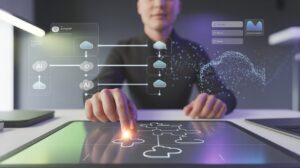 Person arranging glowing cloud puzzle pieces on touchscreen with AI diagrams, in a sleek, futuristic workspace.
