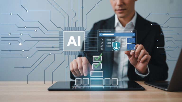 Professional using holographic interface for AI compliance metrics in modern office.