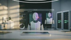 Robotic agent in sleek tech setting, undergoing AI updates with data streams and holographic dashboard.