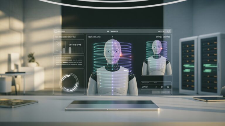 Robotic agent in sleek tech setting, undergoing AI updates with data streams and holographic dashboard.