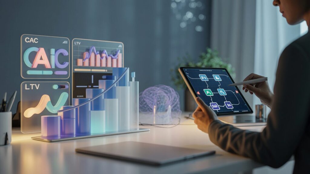 Split-screen banner with data visualization workspace and AI app creation in a modern office.