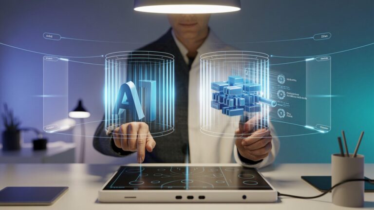 Split-screen of AI builder workspace with ethical filters, glowing interfaces.
