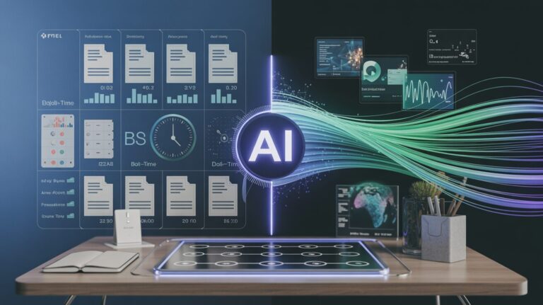 Split-screen of batch vs real-time AI with digital documents and dynamic data flow on a modern desk.